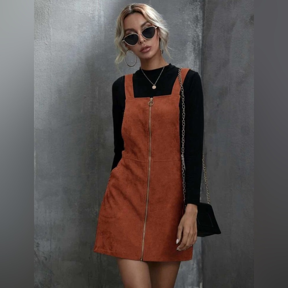 Elegant Suede Zip Up Overall Rust Brown Dress